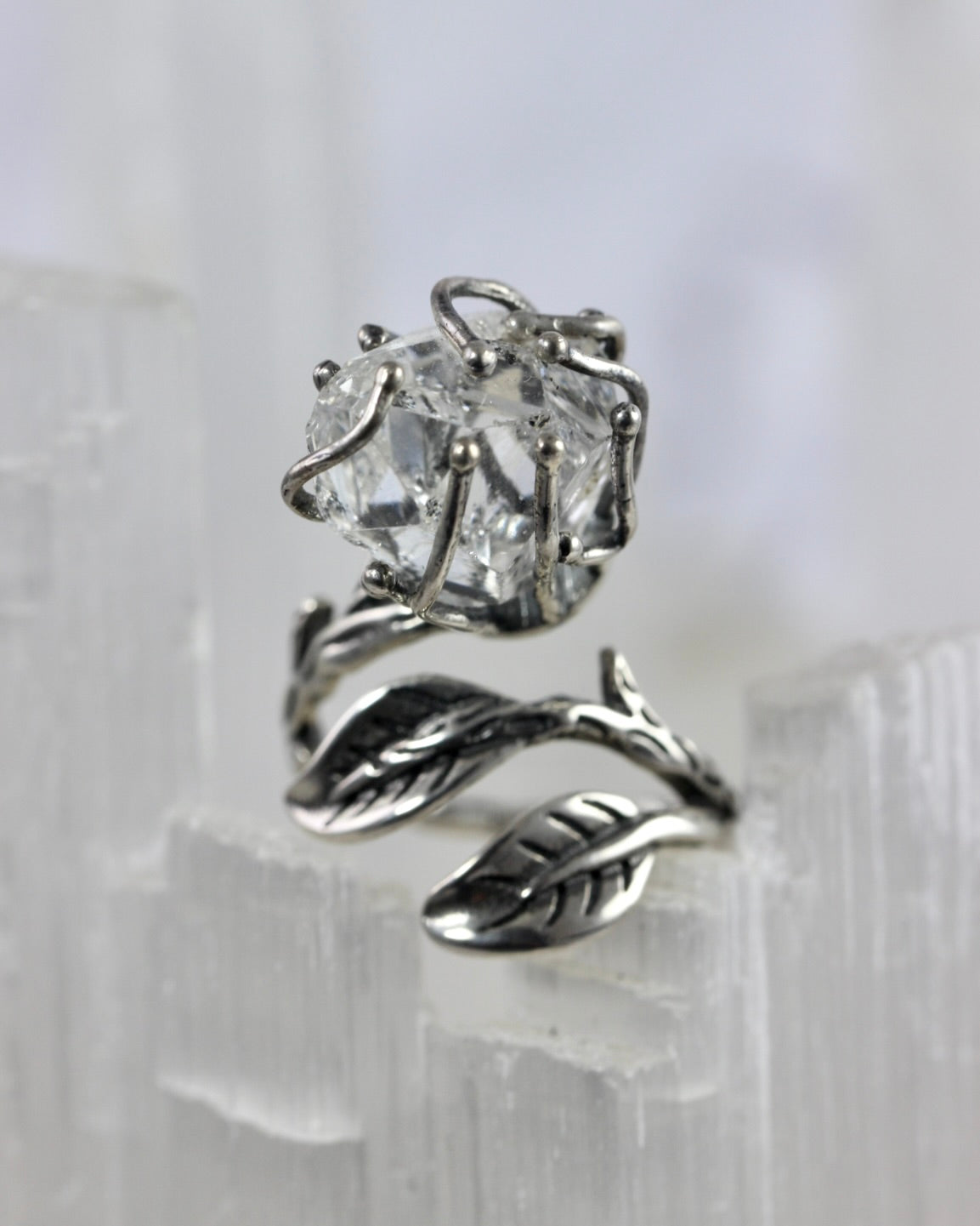 Dramatic Herkimer Diamond Silver Vine Ring