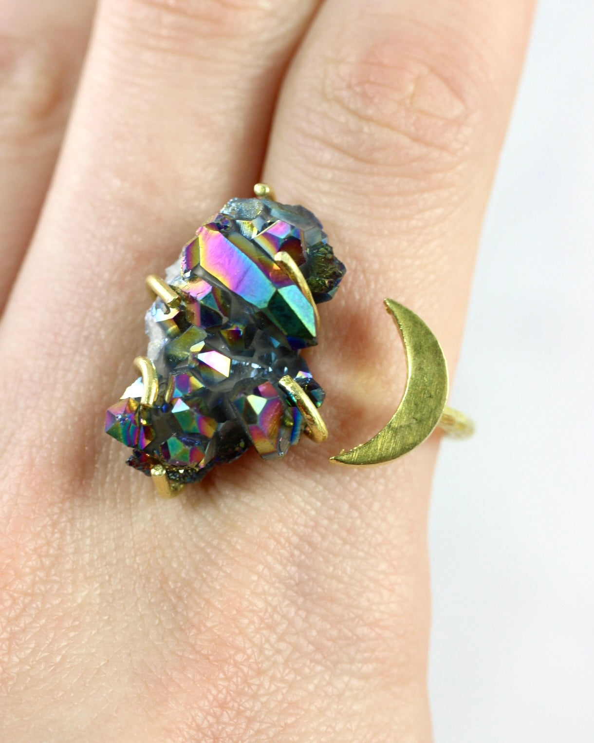 Titanium Quartz Brass Moon Ring