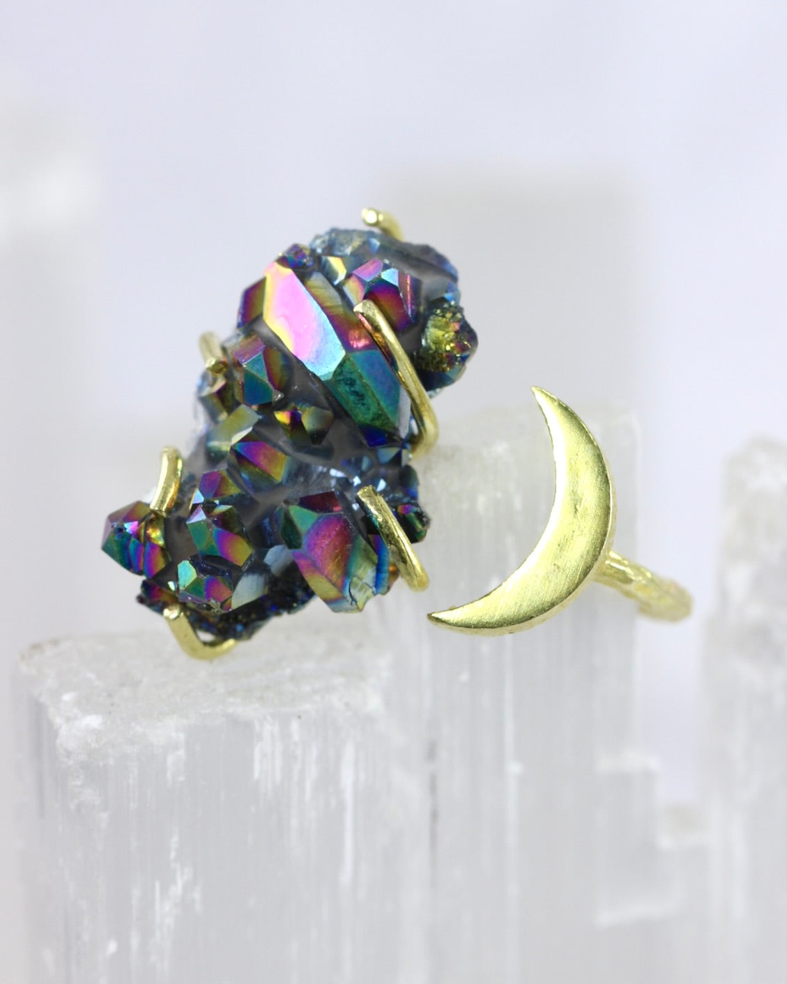 Titanium Quartz Brass Moon Ring