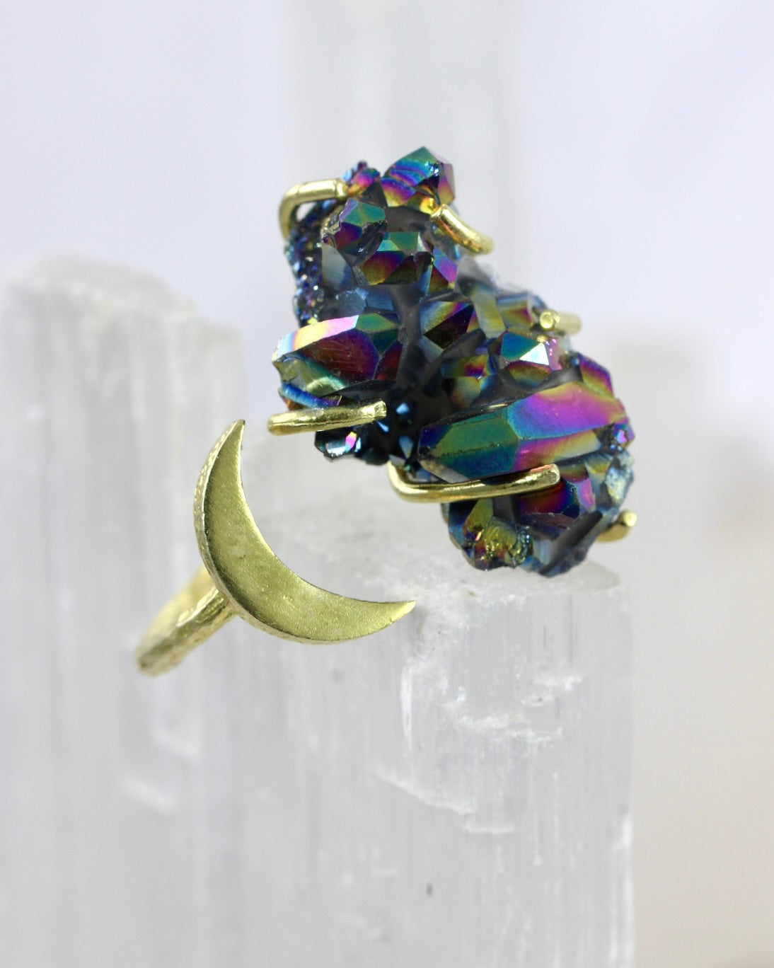 Titanium Quartz Brass Moon Ring