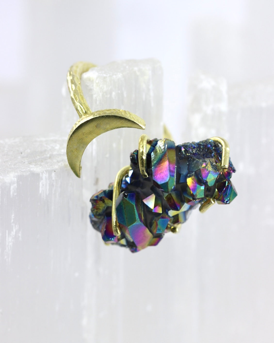 Titanium Quartz Brass Moon Ring