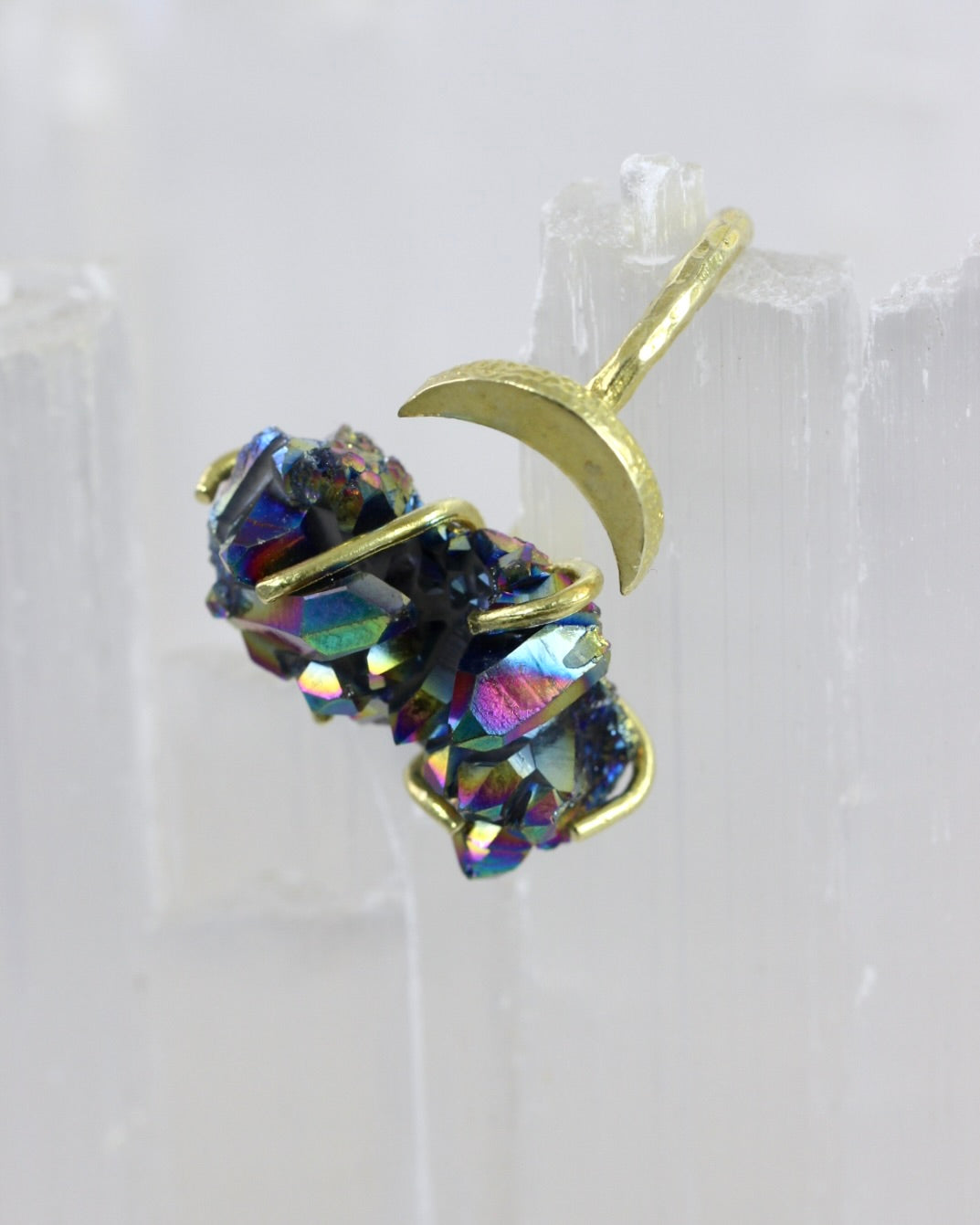 Titanium Quartz Brass Moon Ring