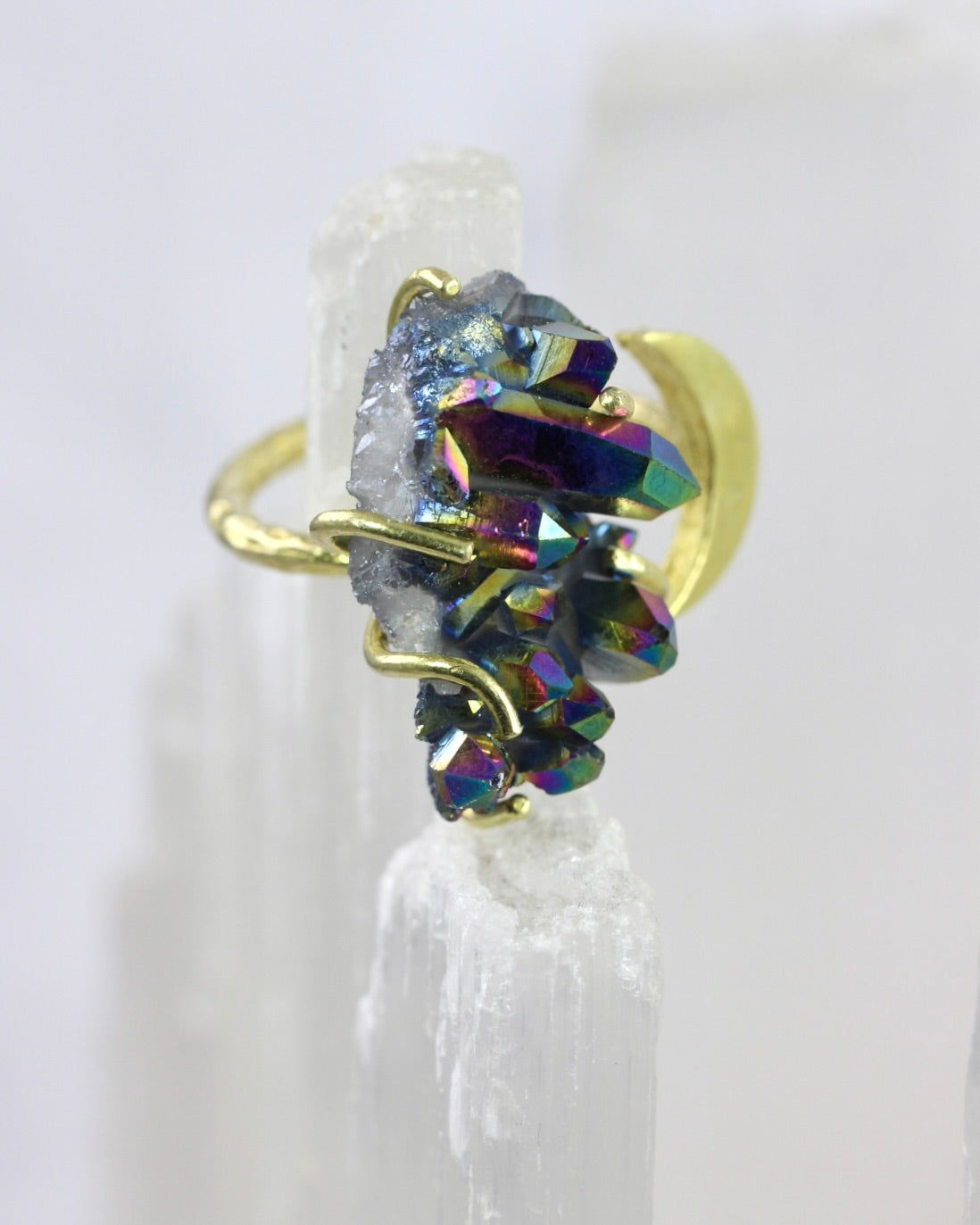 Titanium Quartz Brass Moon Ring