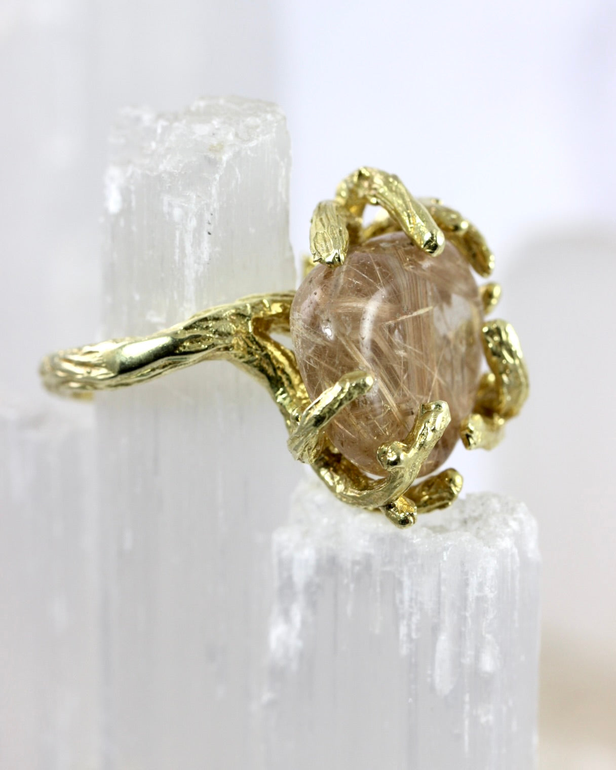 Rutilated Quartz Branch Brass Ring