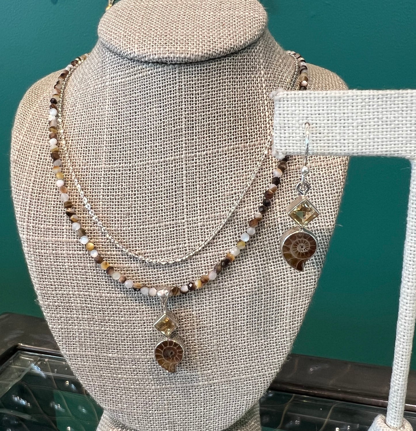 Ammonite Fossil Citrine Mother of Pearl Necklace