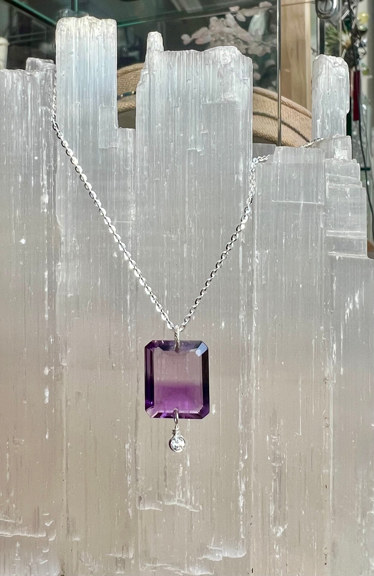 Bi Colored Amethyst Emerald Cut CZ Necklace