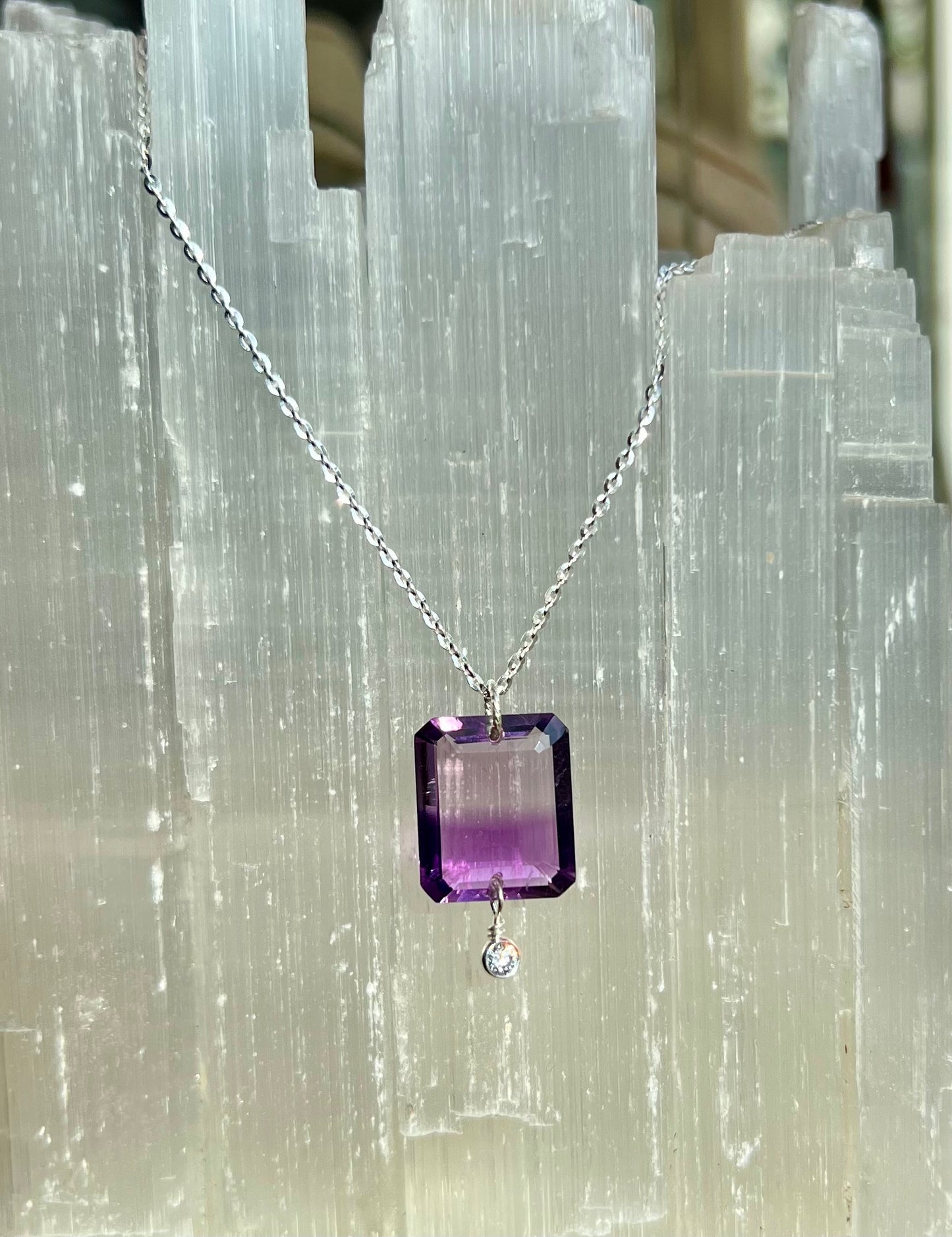 Bi Colored Amethyst Emerald Cut CZ Necklace