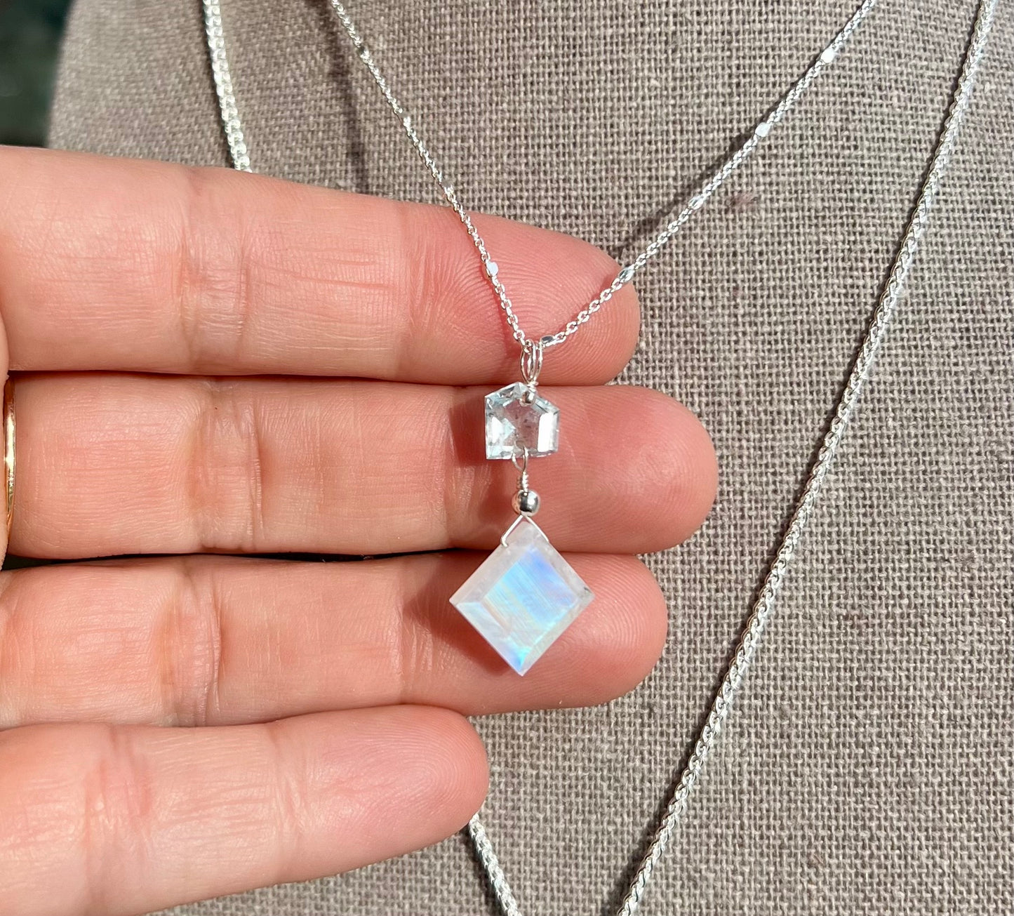 Rainbow Moonstone Aquamarine Small Gem Necklace