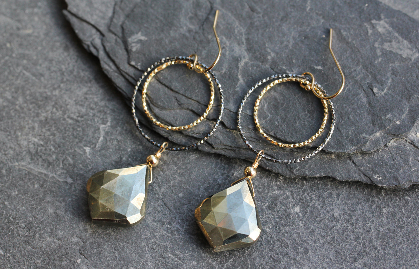 Pyrite Black and Gold Double Ring Drop Earrings