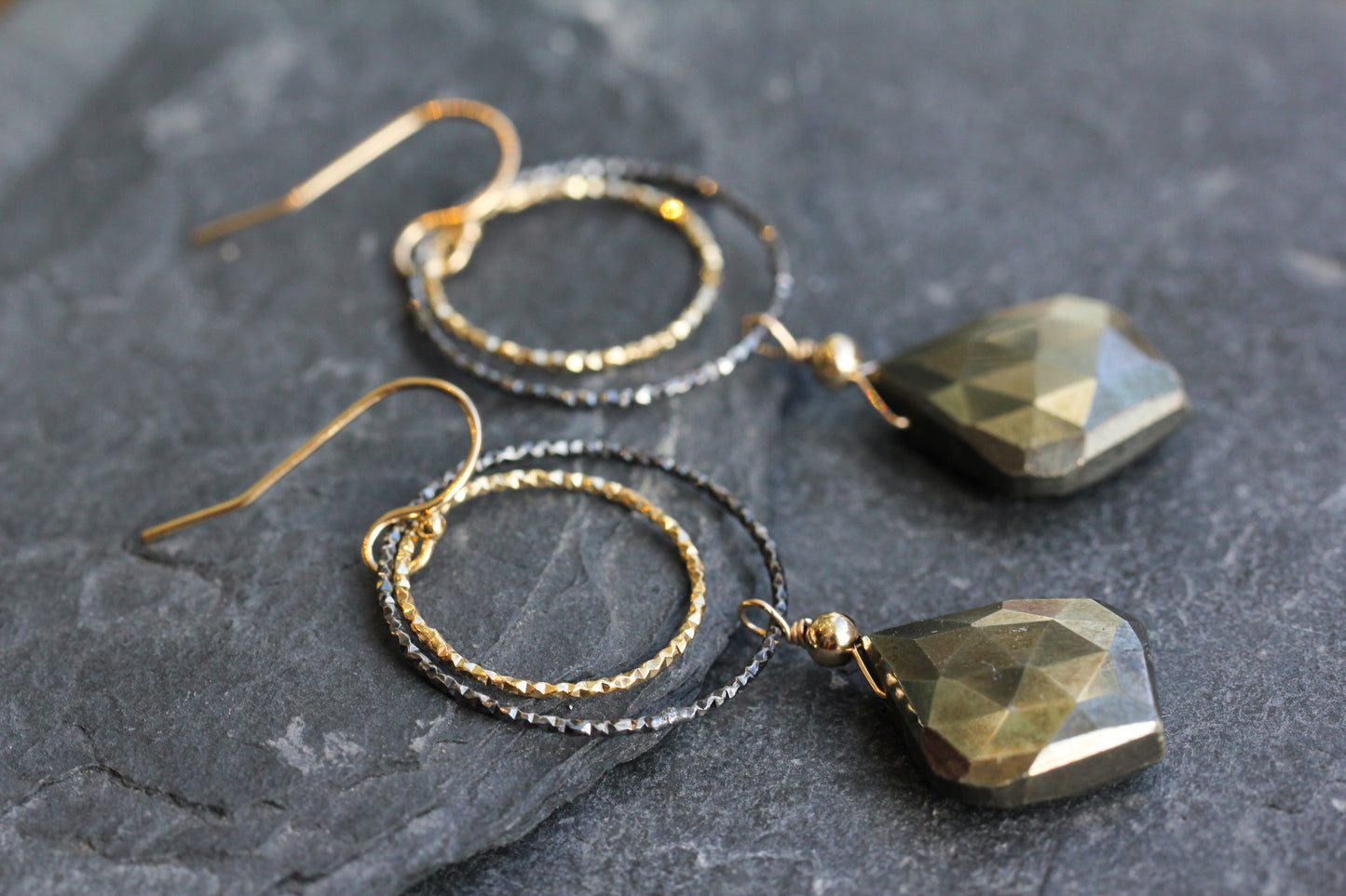 Pyrite Black and Gold Double Ring Drop Earrings