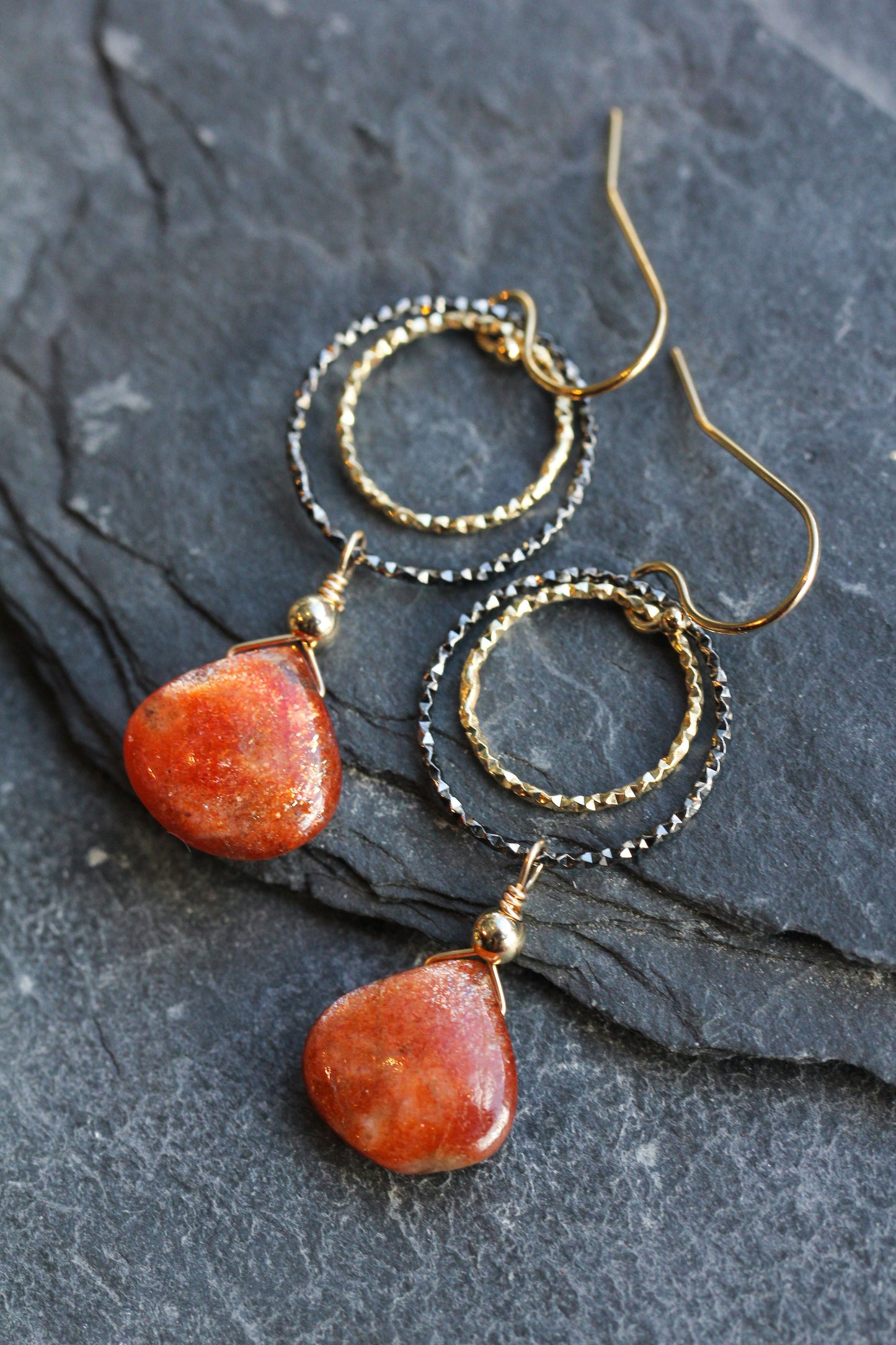 Sunstone Black and Gold Double Ring Drop Earrings