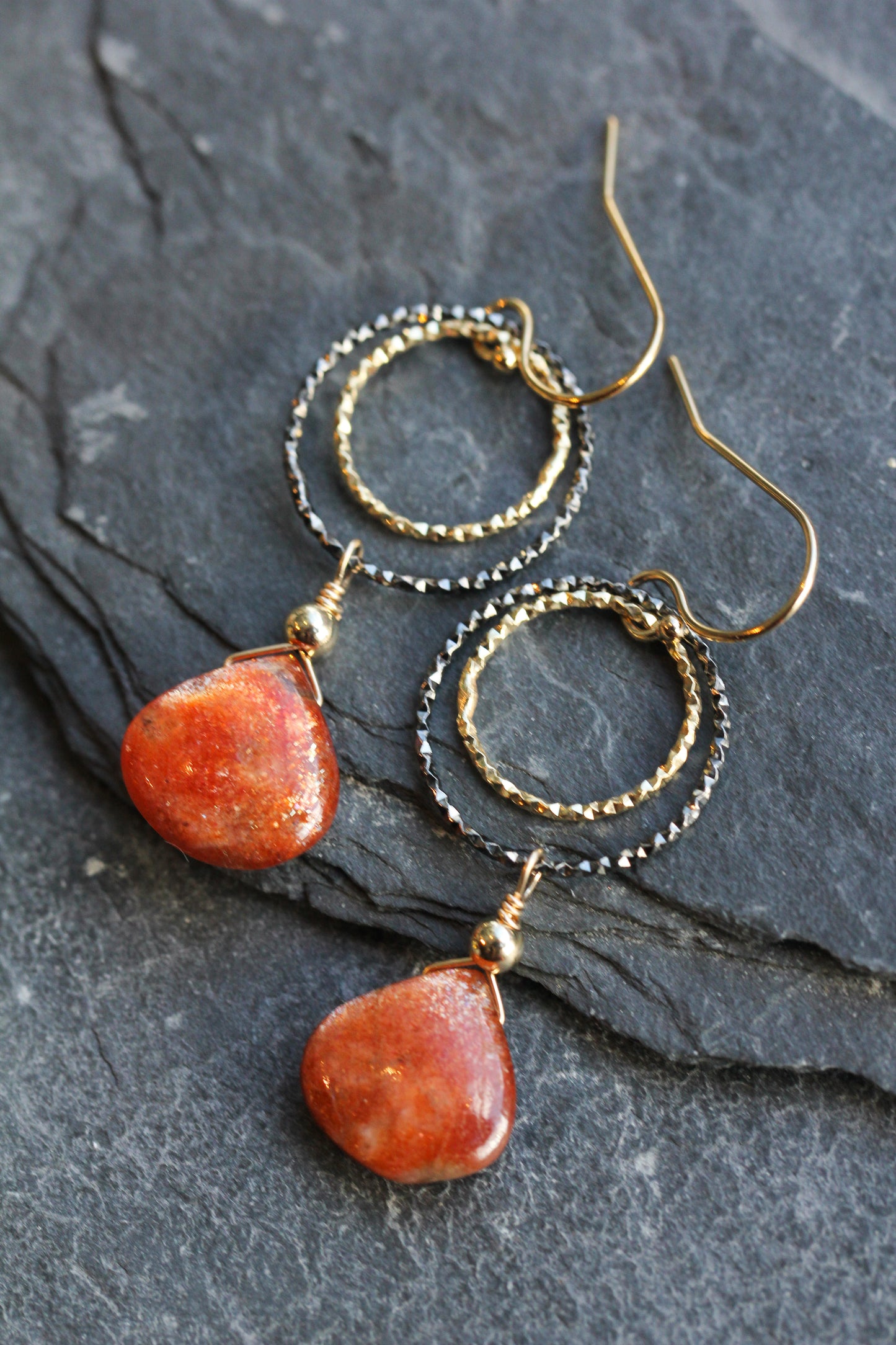 Sunstone Black and Gold Double Ring Drop Earrings