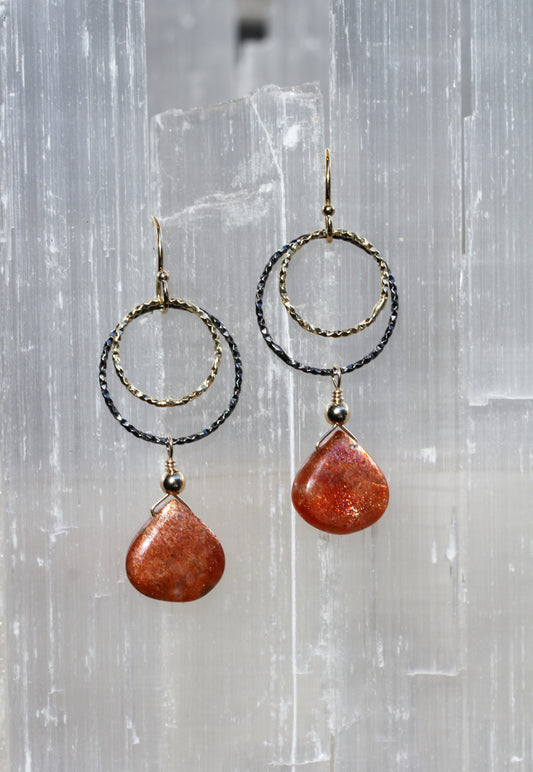 Sunstone Black and Gold Double Ring Drop Earrings