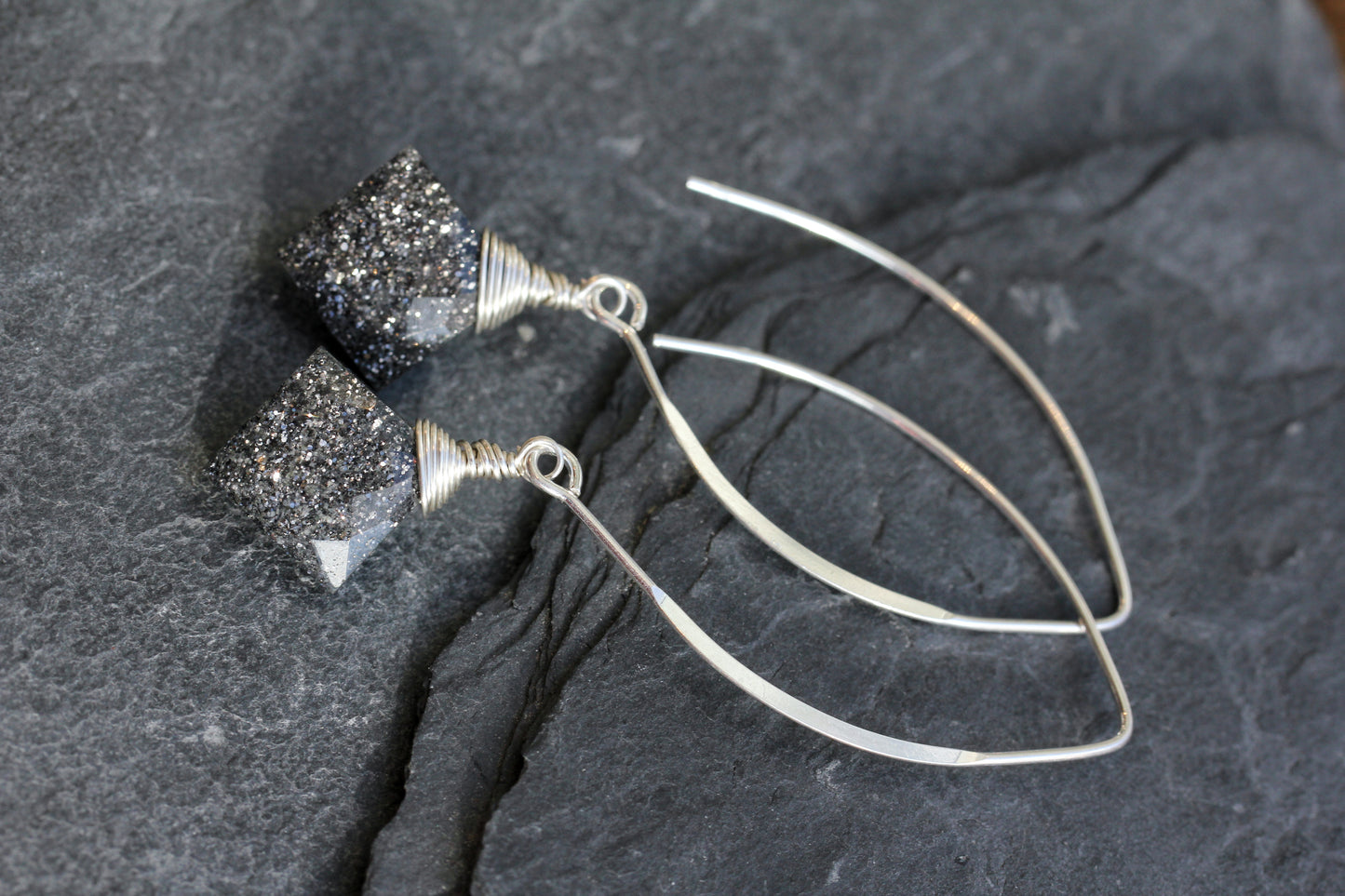 Black Sunstone V Wire Earrings