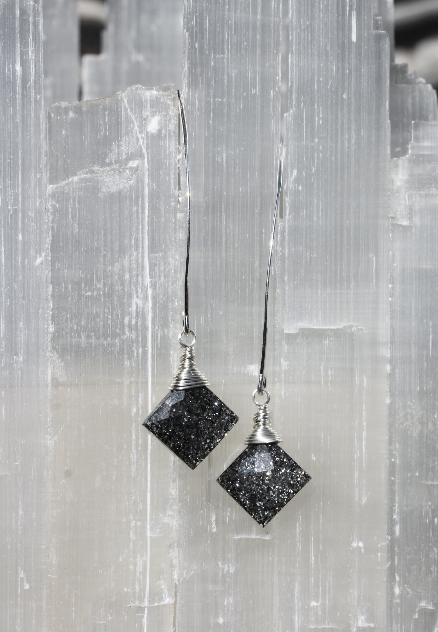 Black Sunstone V Wire Earrings