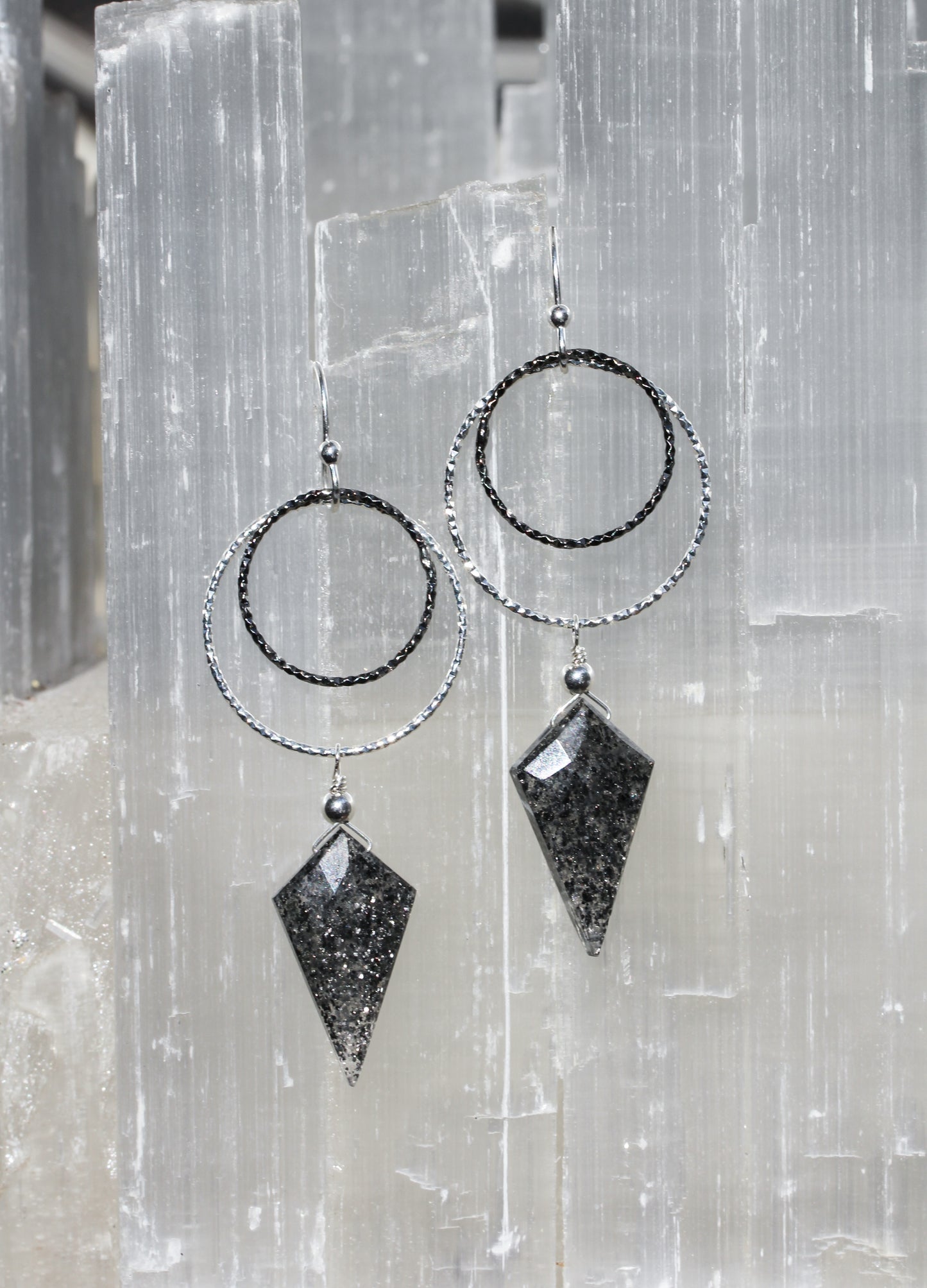 Black Sunstone Diamond Cut Double Ring Drop Earrings