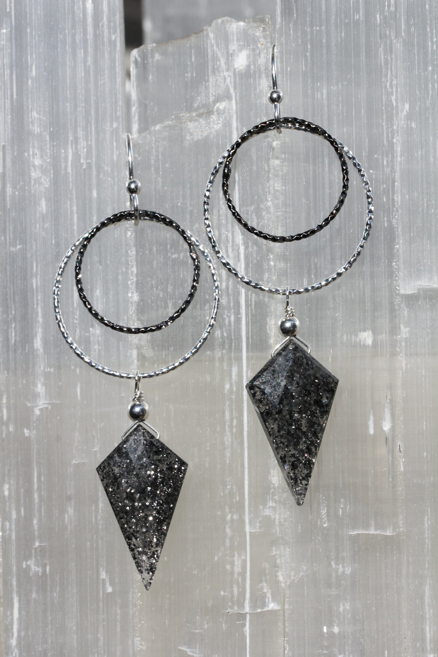 Black Sunstone Diamond Cut Double Ring Drop Earrings