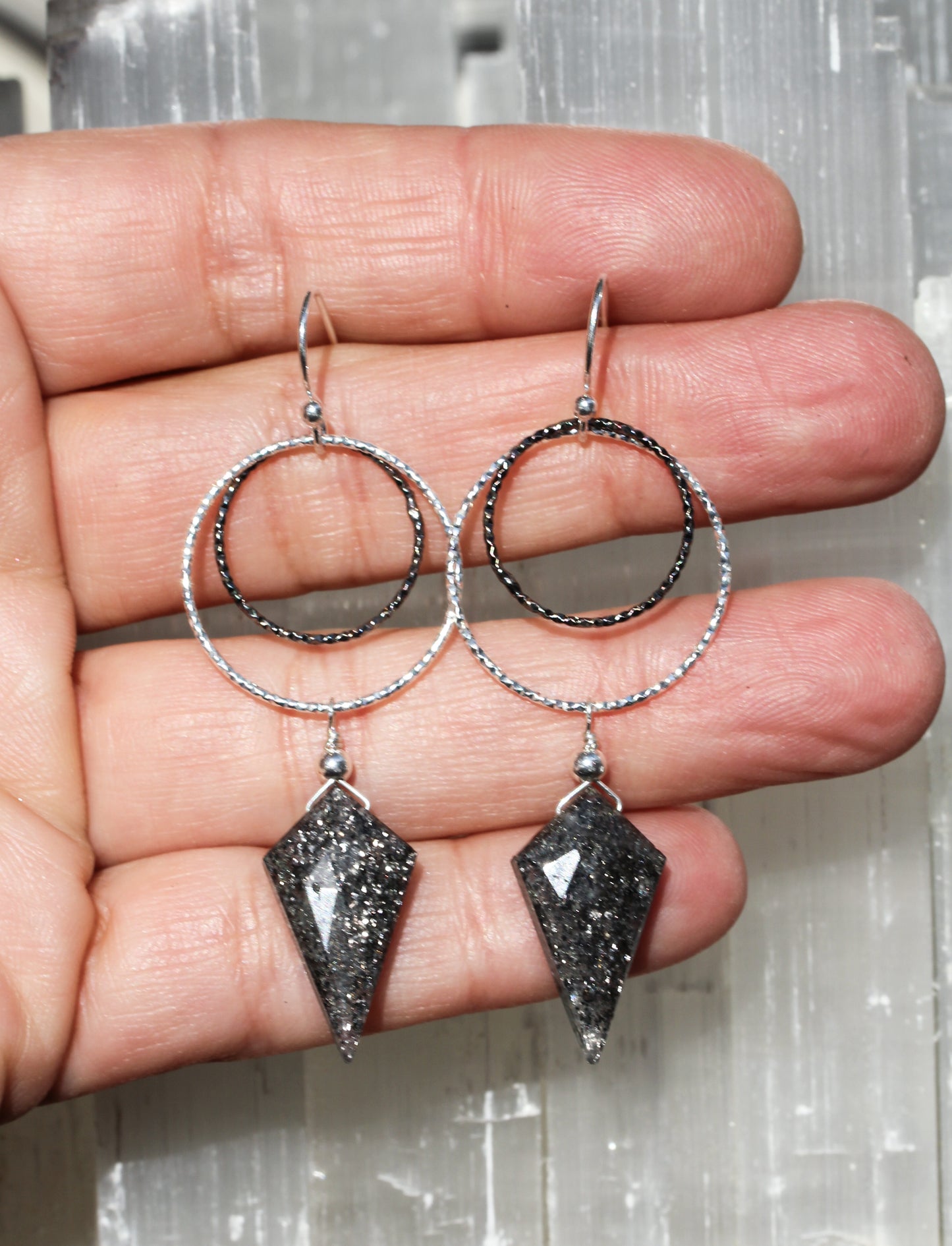 Black Sunstone Diamond Cut Double Ring Drop Earrings