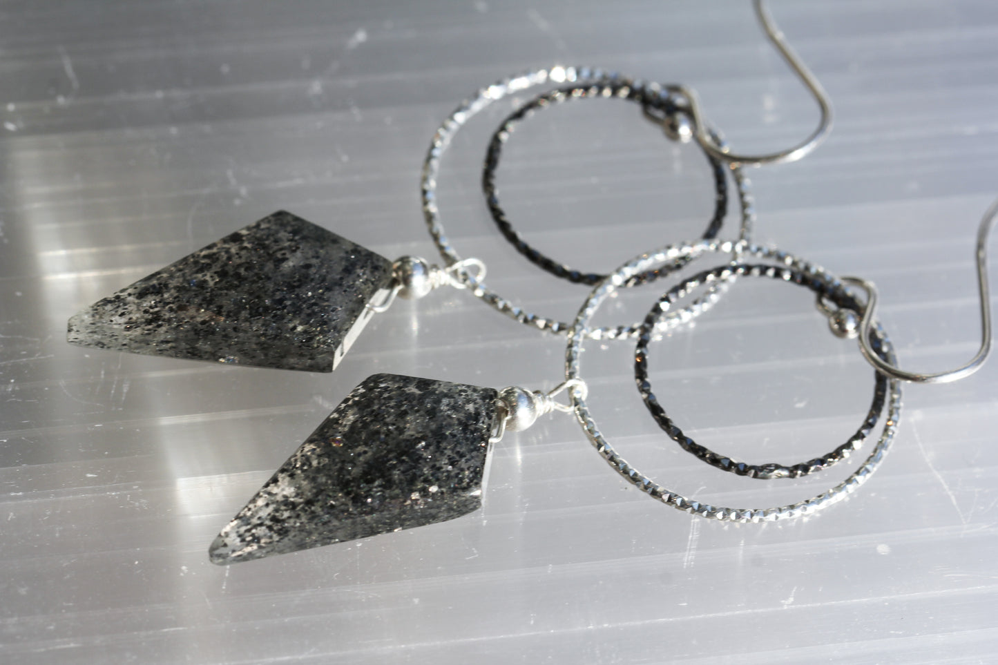 Black Sunstone Diamond Cut Double Ring Drop Earrings