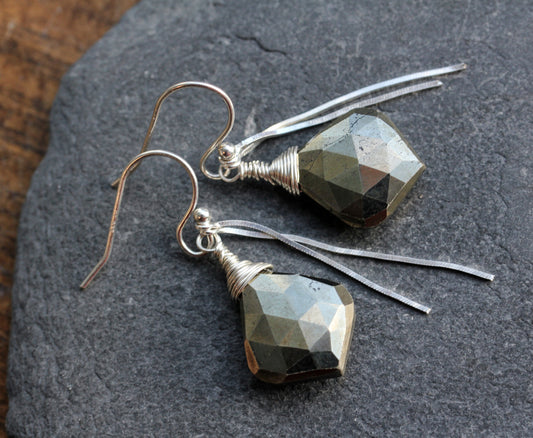 Pyrite Silver Chain Drape Earrings