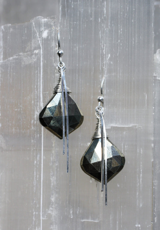 Pyrite Silver Chain Drape Earrings