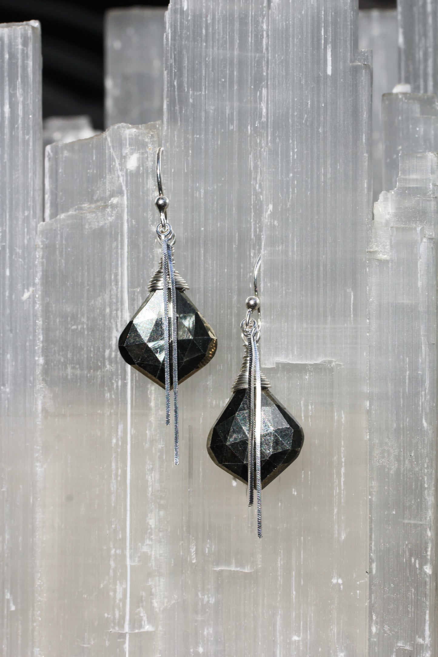 Pyrite Silver Chain Drape Earrings