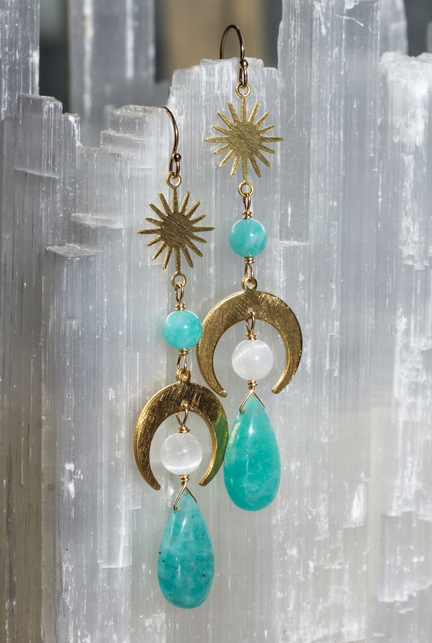 Amazonite Selenite Brass Moon Earrings