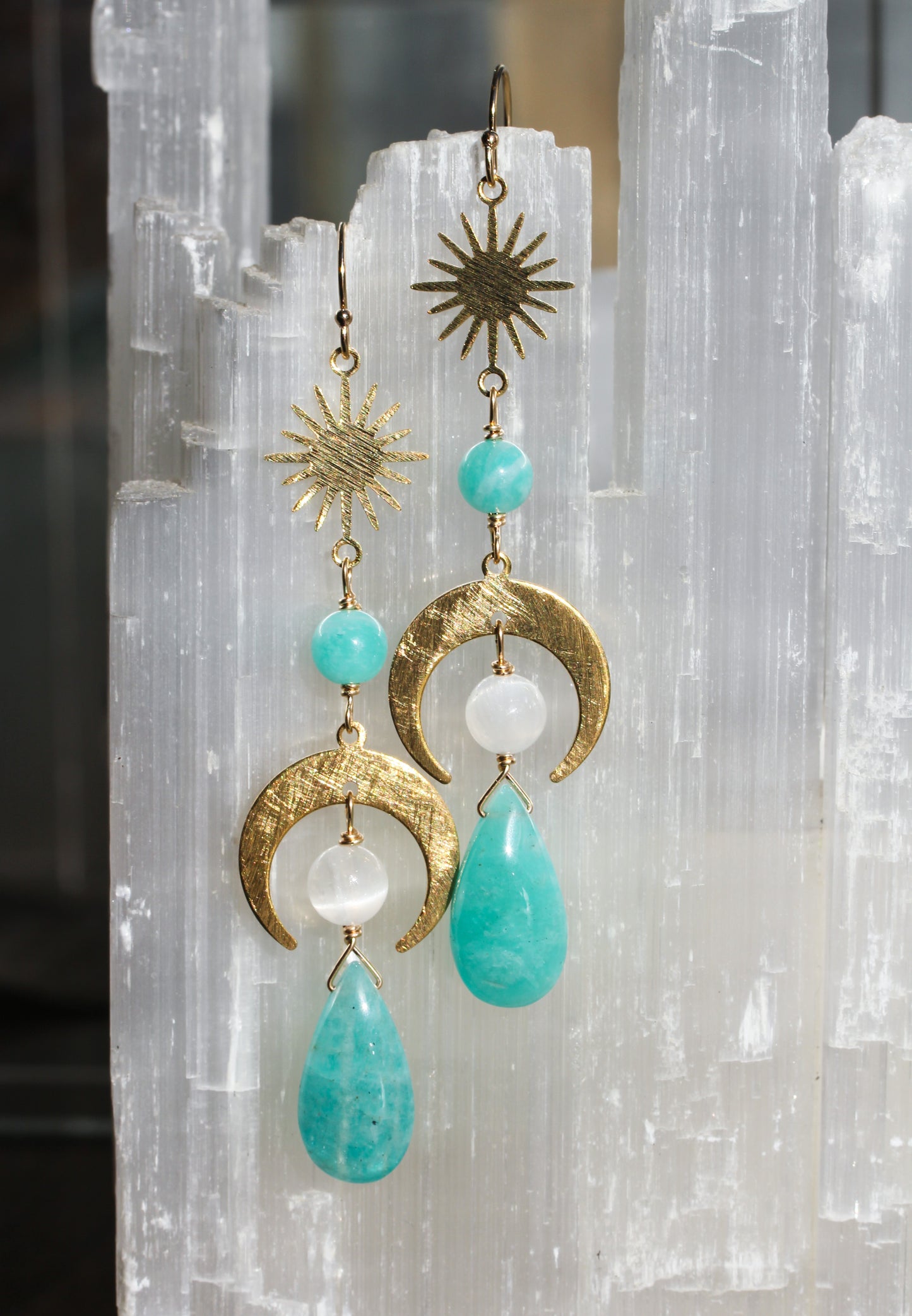 Amazonite Selenite Brass Moon Earrings