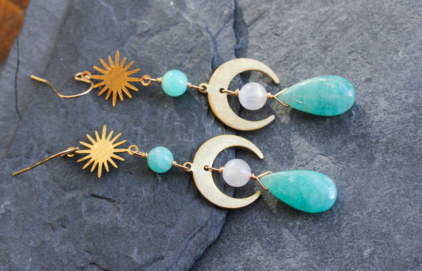 Amazonite Selenite Brass Moon Earrings