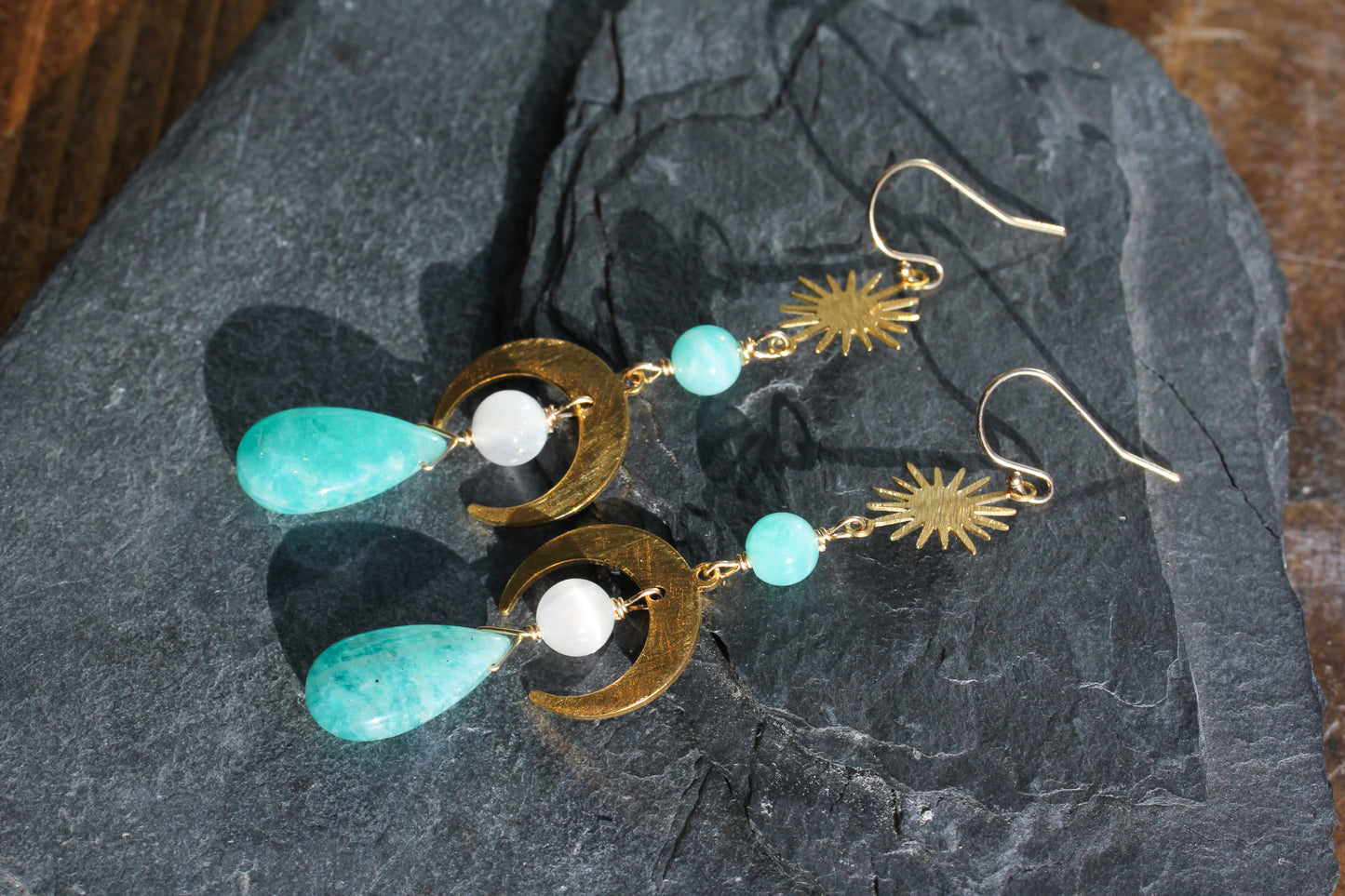 Amazonite Selenite Brass Moon Earrings