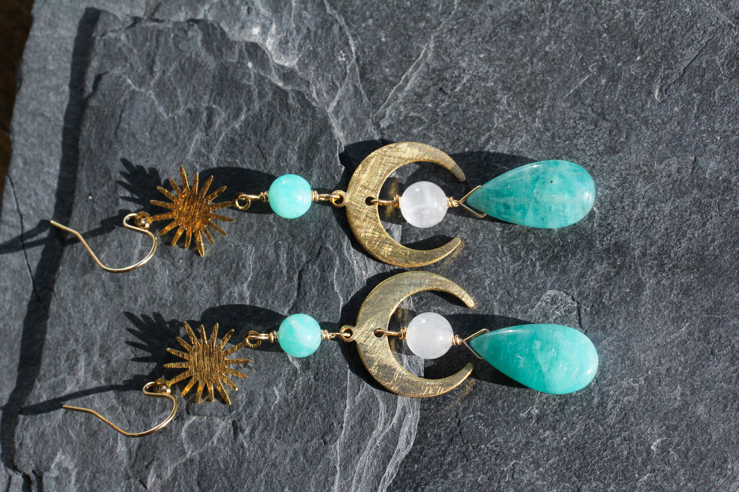 Amazonite Selenite Brass Moon Earrings