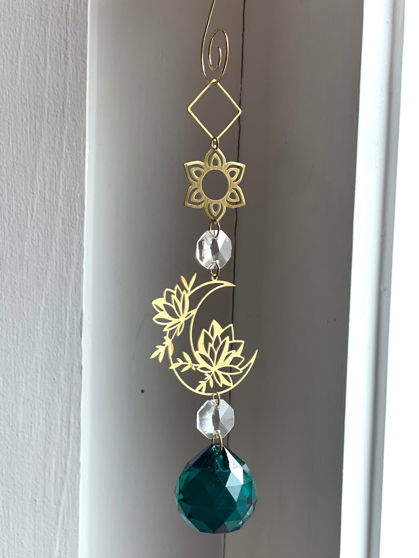 Green Crystal Brass Moon Ornament