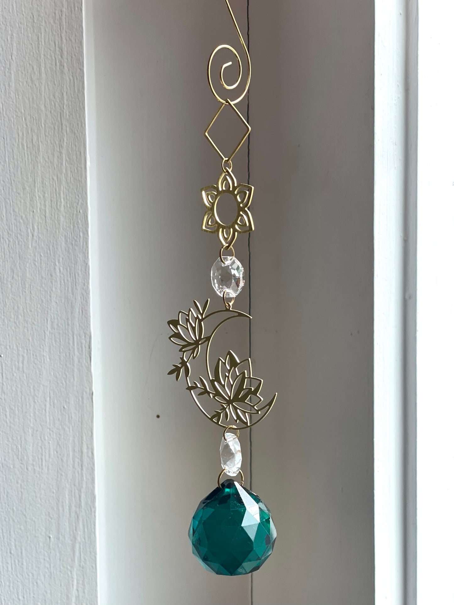 Green Crystal Brass Moon Ornament