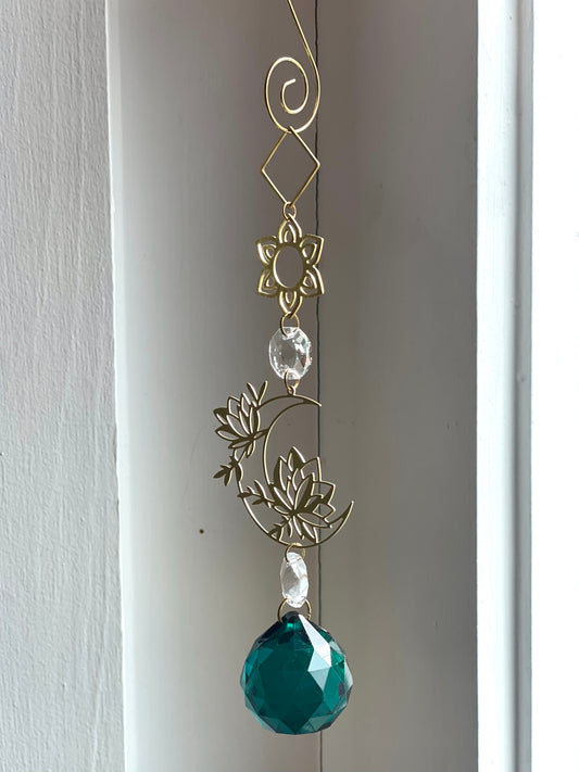 Green Crystal Brass Moon Ornament