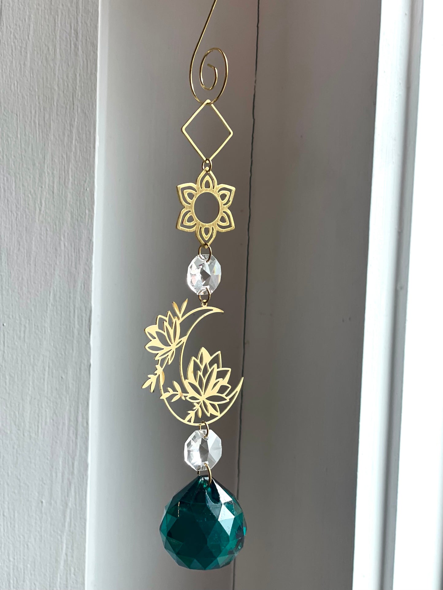 Green Crystal Brass Moon Ornament