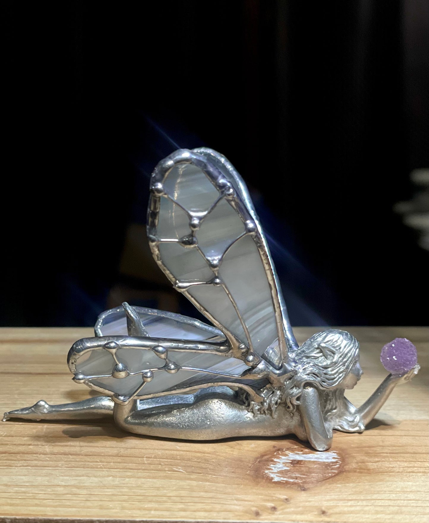 White Glass Fairy with Grape Agate