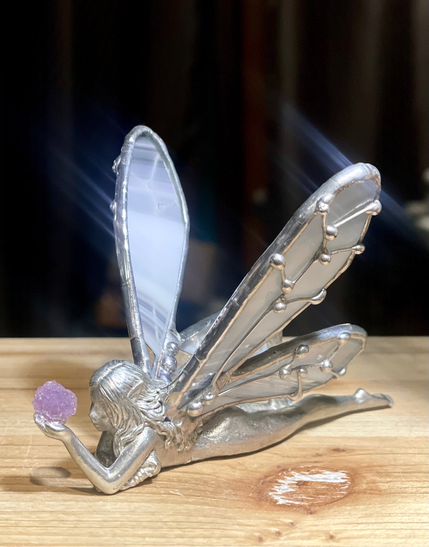 White Glass Fairy with Grape Agate