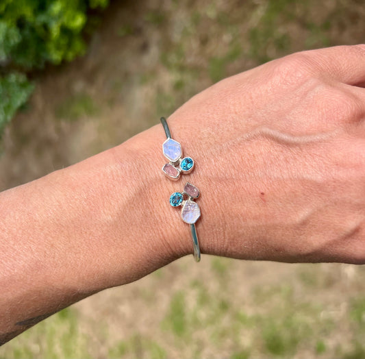 Rainbow Moonstone Blue Topaz Rose Quartz Silver Flex Bracelet