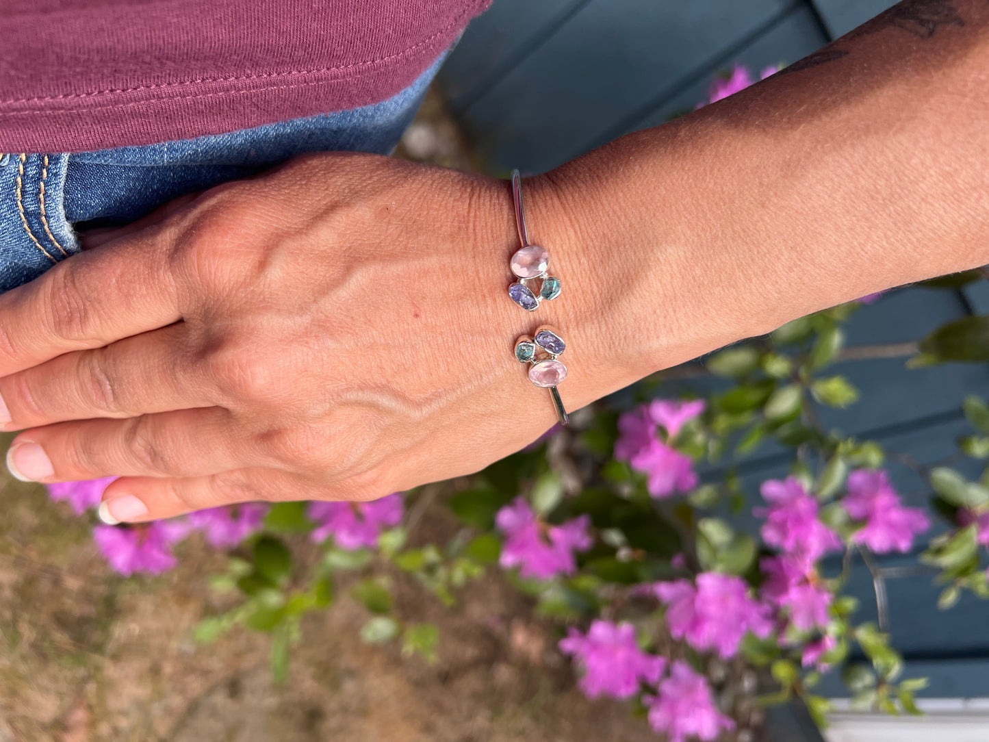 Rose Quartz Tanzanite Apatite Silver Flex Bracelet