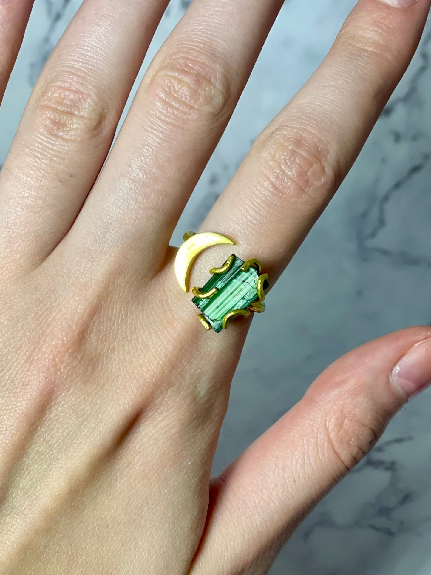 Green Tourmaline Crystal Moon Ring