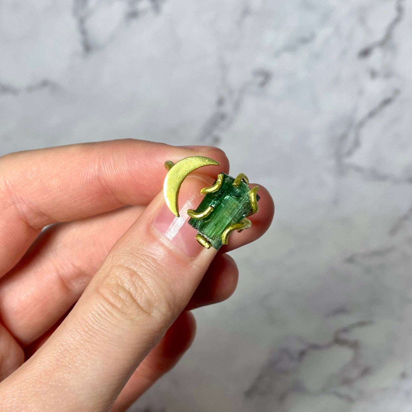 Green Tourmaline Crystal Moon Ring