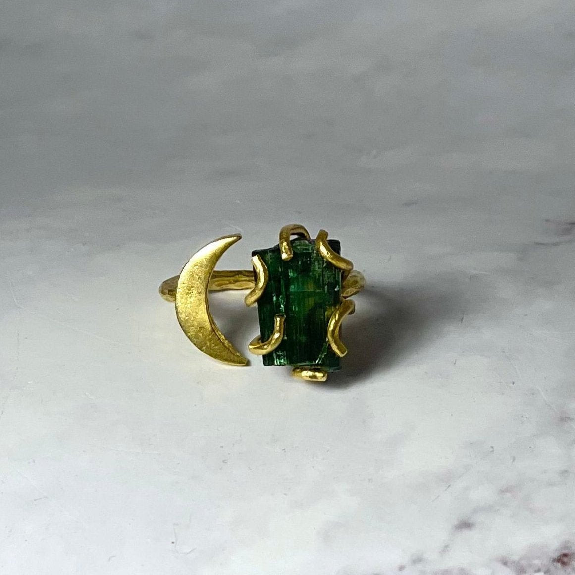 Green Tourmaline Crystal Moon Ring