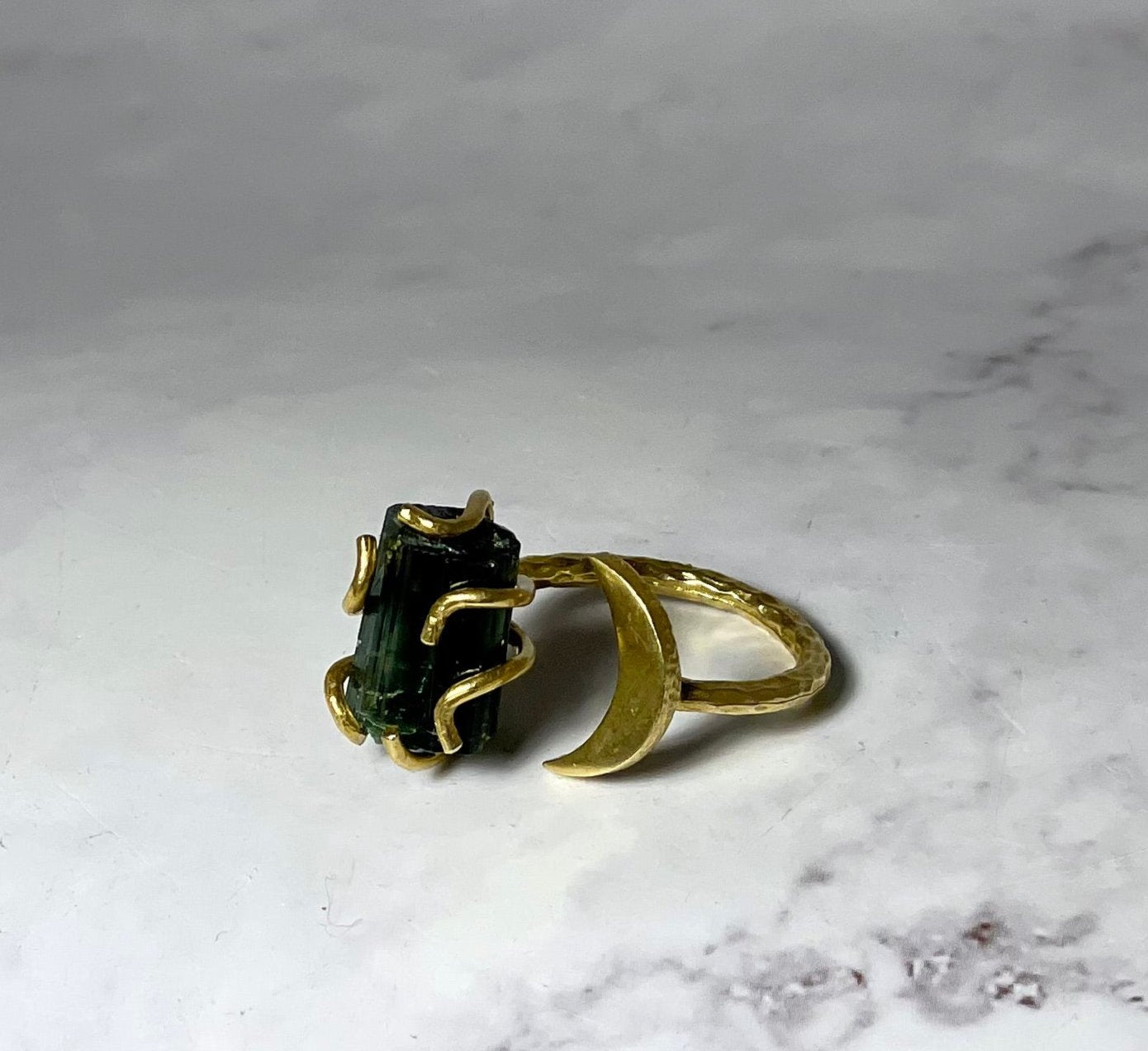 Green Tourmaline Crystal Moon Ring