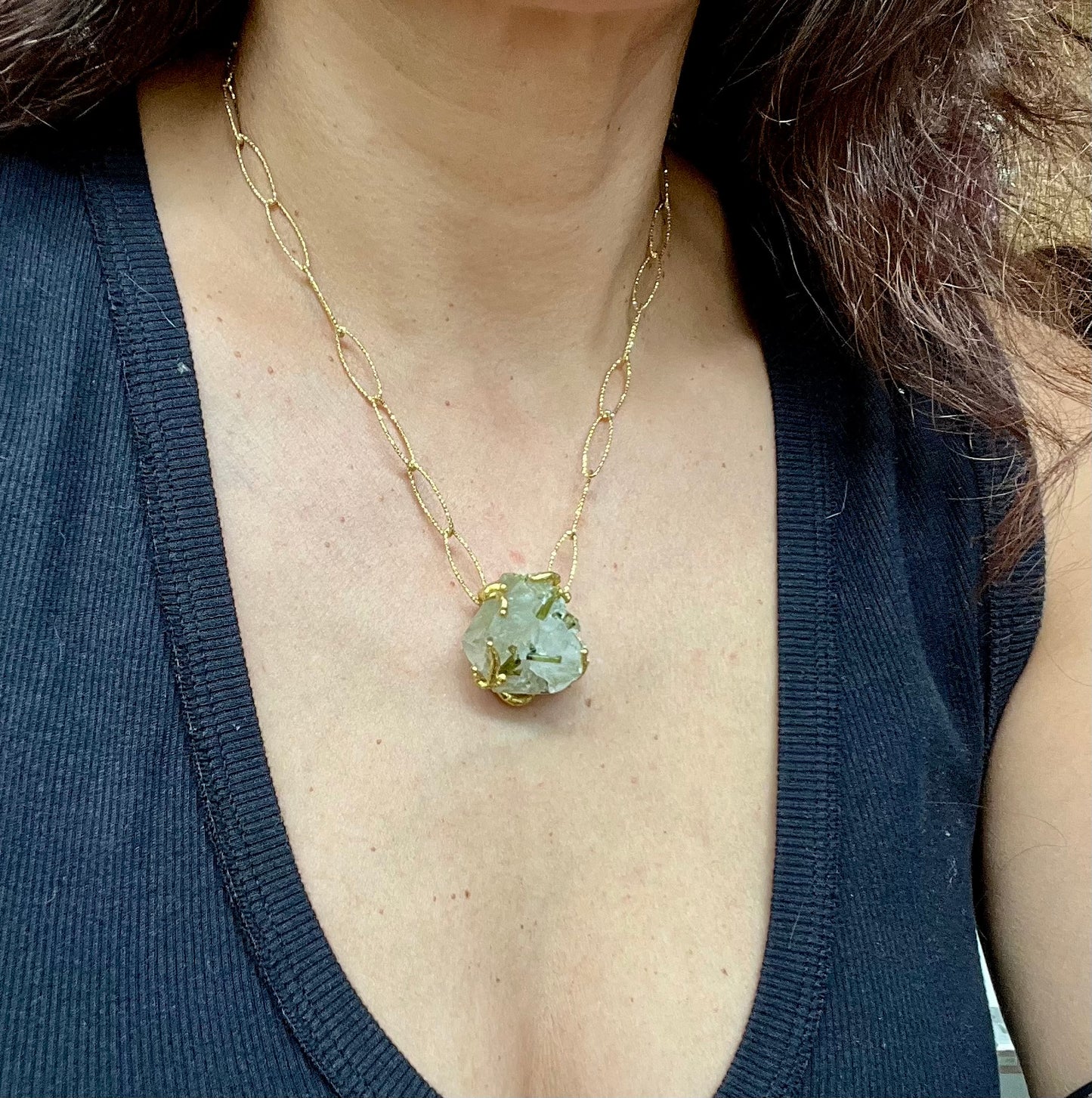 Tourmalinated Quartz Chunky Crystal Gold Necklace