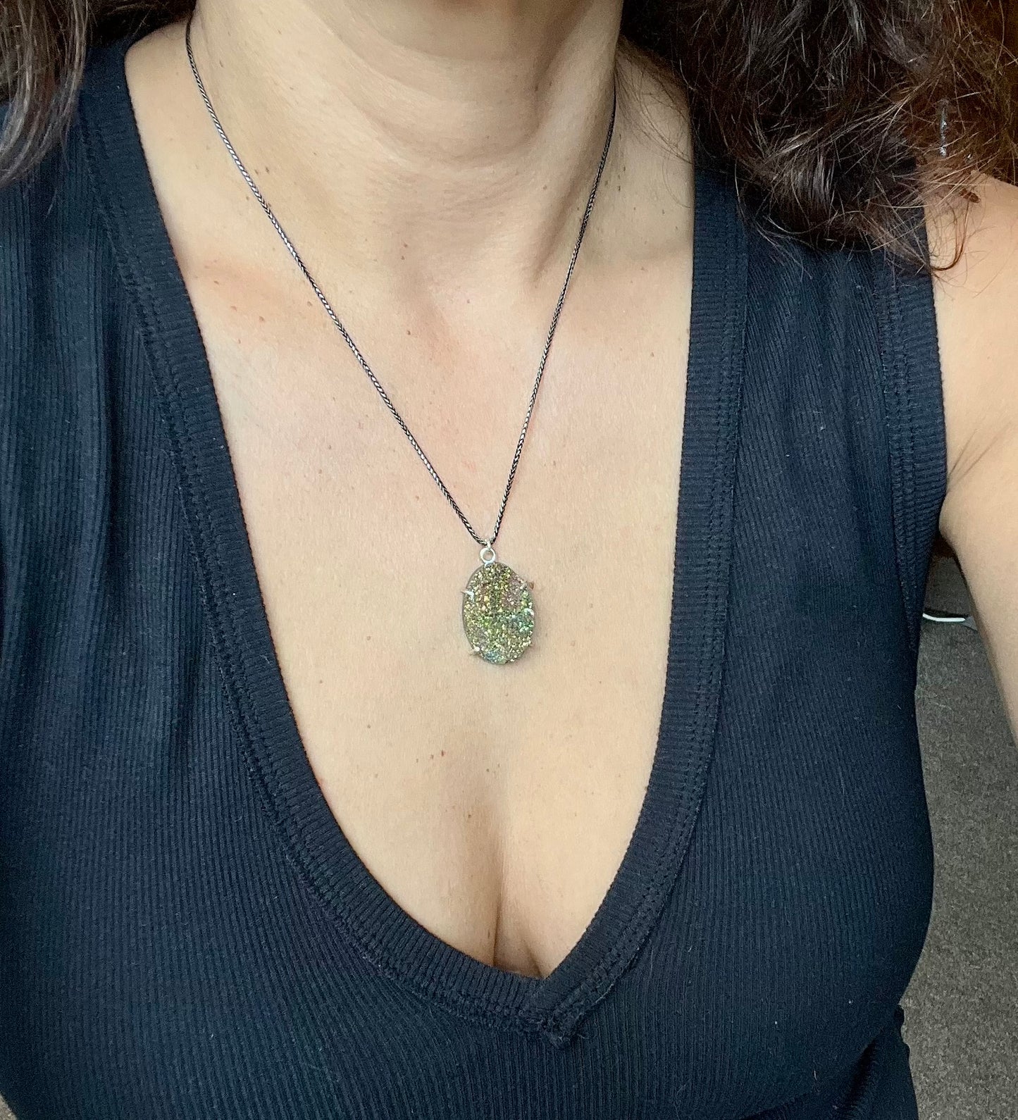Rainbow Pyrite Oval Pendant Necklace