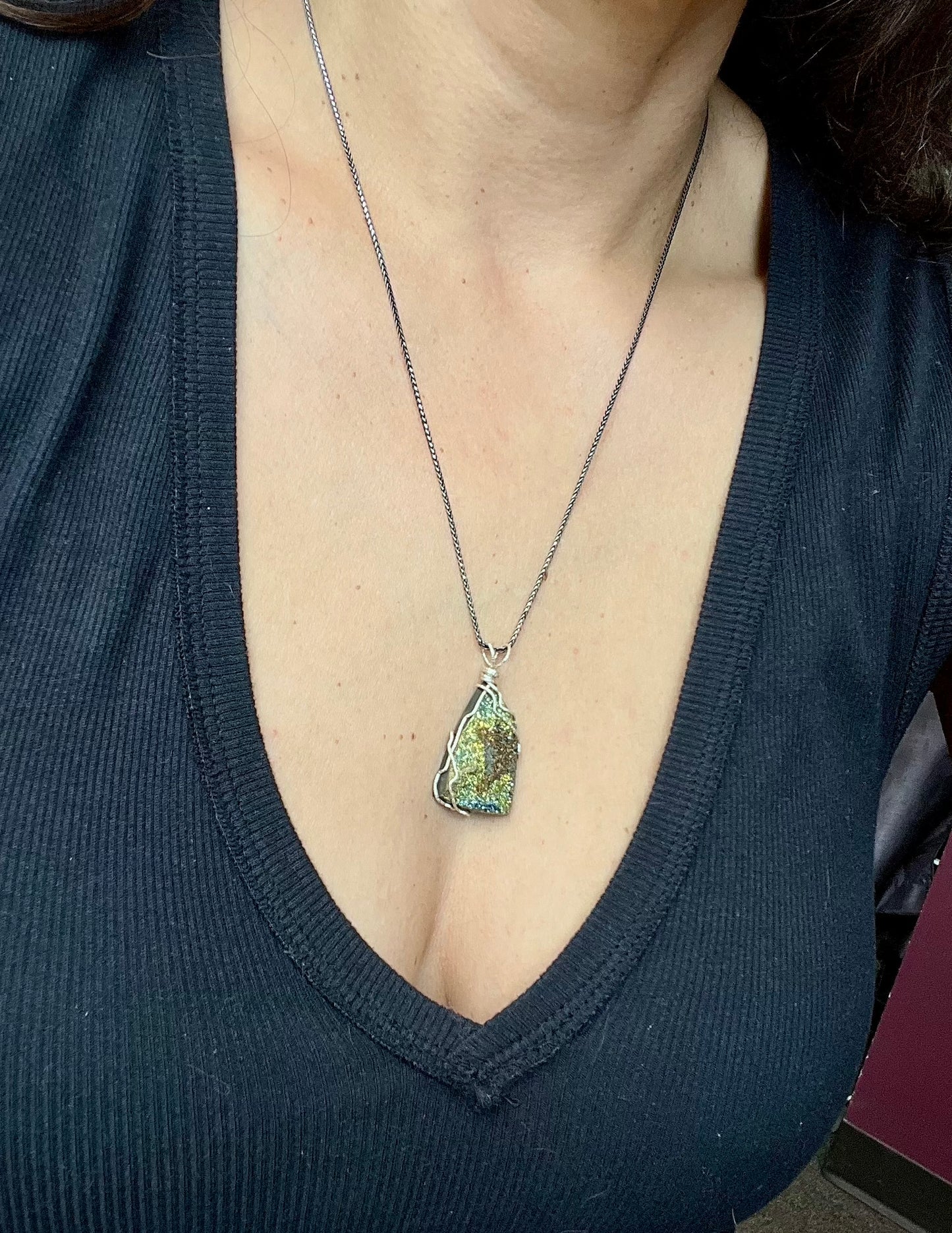 Rainbow Pyrite Freeform Silver Wrap Pendant