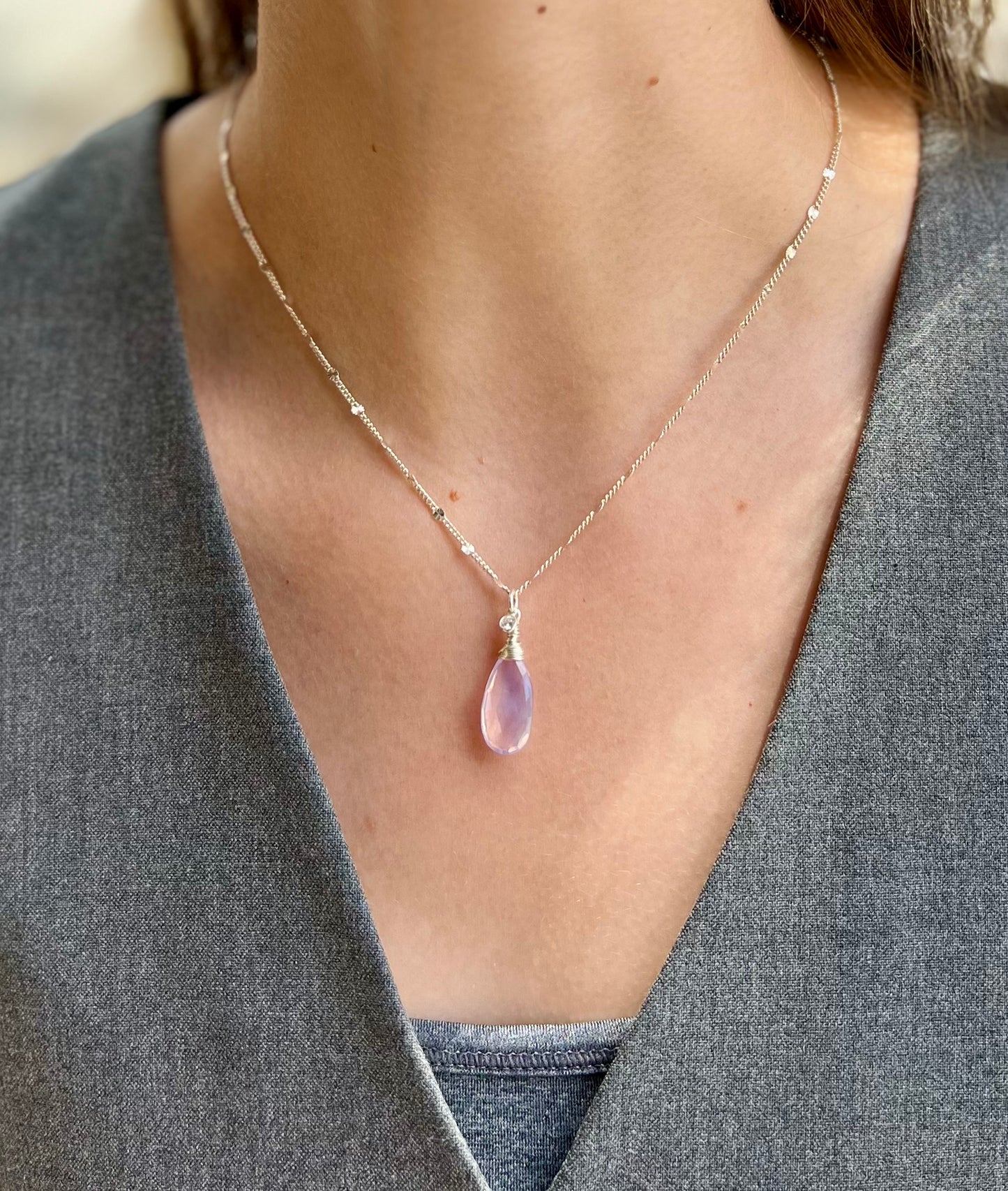 Lavender Quartz CZ Teardrop Necklace