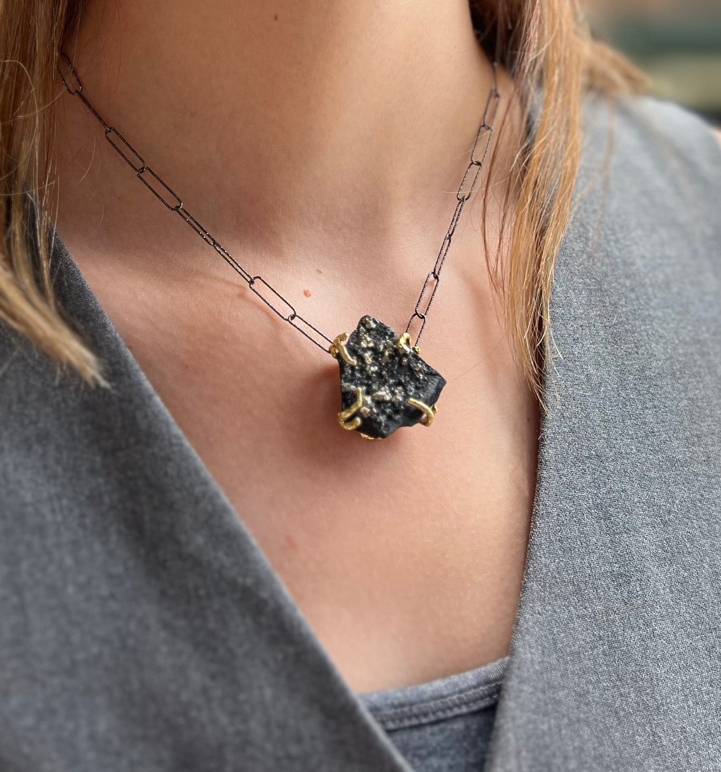 Pyrite in Basalt Black Paperclip Chain Necklace
