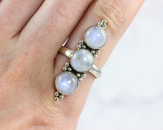 Rainbow Moonstone Three Stone Ring