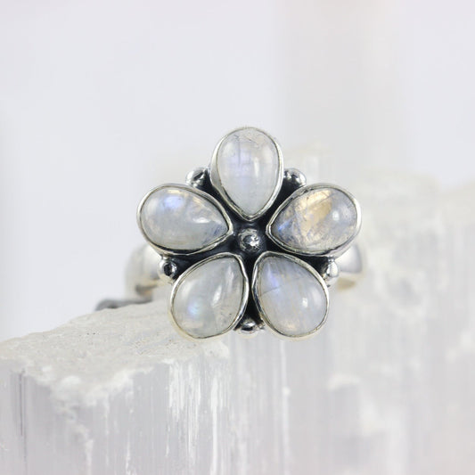 Rainbow Moonstone Flower Ring